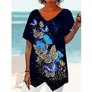 Women's T shirt Tee Black Navy Blue Rainbow Floral Butterfly Print Short Sleeve Holiday Weekend Basic V Neck Long Floral Butterfly Painting S miniinthebox