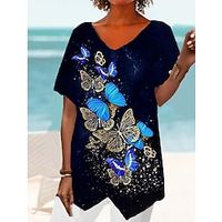 Women's T shirt Tee Black Navy Blue Rainbow Floral Butterfly Print Short Sleeve Holiday Weekend Basic V Neck Long Floral Butterfly Painting S miniinthebox - thumbnail