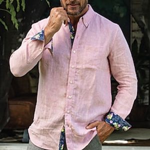 Men's Shirt Linen Shirt Button Up Shirt Casual Shirt Pink Long Sleeve Floral Lapel Spring   Fall Casual Daily Clothing Apparel Patchwork Lightinthebox
