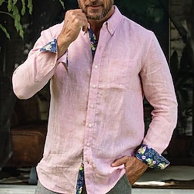 Men's Shirt Linen Shirt Button Up Shirt Casual Shirt Pink Long Sleeve Floral Lapel Spring   Fall Casual Daily Clothing Apparel Patchwork Lightinthebox