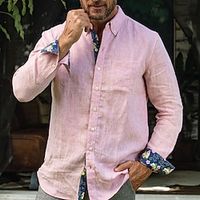 Men's Shirt Linen Shirt Button Up Shirt Casual Shirt Pink Long Sleeve Floral Lapel Spring   Fall Casual Daily Clothing Apparel Patchwork Lightinthebox - thumbnail