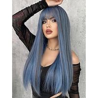 Long Straight Blue Wig With Bangs Highlight Ash Synthetic Wigs for Woman Wonder Girl Hair Daily Party Halloween Cosplay 24 Inch miniinthebox - thumbnail