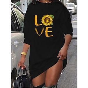 Women's T Shirt Dress Tee Dress Short Mini Dress Black Long Sleeve Floral LOVE Letter Print Fall Winter Crew Neck Casual Fashion 2022 S M L XL XXL 3XL miniinthebox