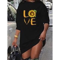 Women's T Shirt Dress Tee Dress Short Mini Dress Black Long Sleeve Floral LOVE Letter Print Fall Winter Crew Neck Casual Fashion 2022 S M L XL XXL 3XL miniinthebox - thumbnail