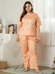 Plus Size Crew Neck Printed Short Sleeves Sleepwear