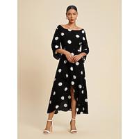 Women's Elegant Dress Midi Dress Black 3/4 Length Sleeve Polka dot print Asymetric Hem Off the Shoulder Spring Summer Off Shoulder Elegant Romantic S M L