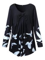 Casual O-neck Printed Pleated Long Sleeve Blouse