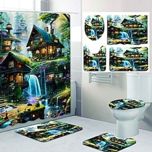 Bathroom Deco 4 Pcs Shower Curtain Set Bathroom Sets Modern Home Bathroom Decor with Bath Mat U Shape and Toilet Lid Cover Mat and 12 Hooks miniinthebox