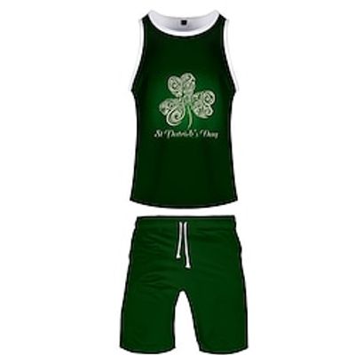 Men's Matching Sets Dark Green Tank Shorts Sets Sleeveless Crew Neck Casual Daily St. Patrick's Day Cartoon Drawstring Elastic Waist Polyester Summer Lightinthebox