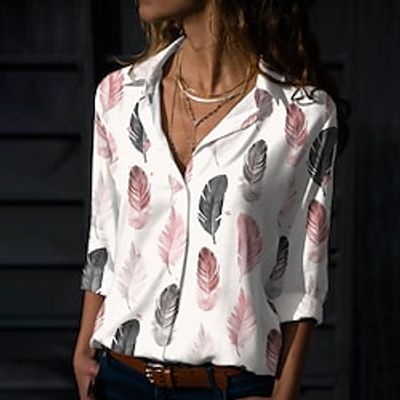 Women's Blouse Shirt Feather Button Print Shirt Collar Casual Streetwear Tops White / 3D Print miniinthebox Women's Blouse Shirt Feather Button Print Shirt Collar Casual Streetwear Tops White / 3D Print miniinthebox