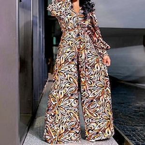Women's Jumpsuit Print Floral V Neck Streetwear Daily Going out Regular Fit Long Sleeve Purple Yellow Red S M L Spring miniinthebox