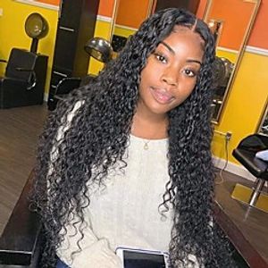 Unprocessed Virgin Hair 4x13 Closure Wig Middle Part style Brazilian Hair Burmese Hair Water Wave Deep Curly Black Wig Soft Natural Hairline Coloring With Bleached Knots Bleached Knots Women's 24 Lightinthebox