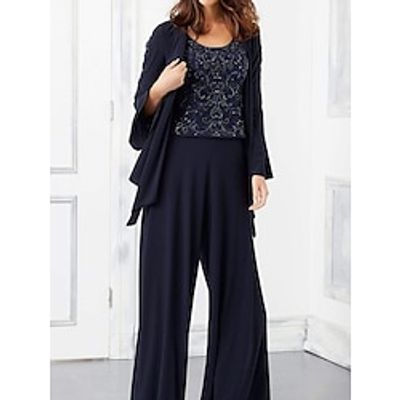 Jumpsuits Mother of the Bride Dress Wedding Guest Elegant Scoop Neck Ankle Length Stretch Chiffon Long Sleeve with Sequin Ruching 2023 Lightinthebox