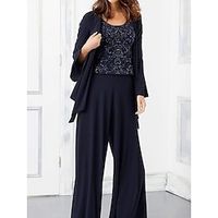 Jumpsuits Mother of the Bride Dress Wedding Guest Elegant Scoop Neck Ankle Length Stretch Chiffon Long Sleeve with Sequin Ruching 2023 Lightinthebox - thumbnail
