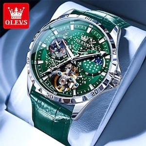 OLEVS Original Men's Automatic Watches Skeleton Chronograph Multifunctional Starry Sky Luminous Calendar Quartz Watch Waterproof Stainless Steel Luxury Dress WristWatch miniinthebox