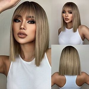 HAIRCUBE Ombre Brown Short Kinky Straight Synthetic Wigs With Bangs Trendy Summer For African American Women miniinthebox