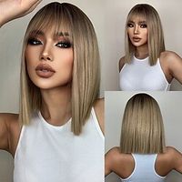 HAIRCUBE Ombre Brown Short Kinky Straight Synthetic Wigs With Bangs Trendy Summer For African American Women miniinthebox - thumbnail
