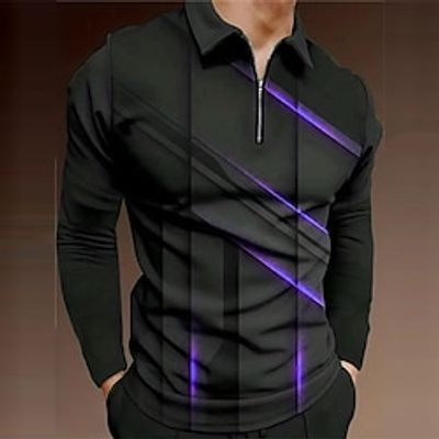 Geometry Linear Men's Casual Print 3D Zip Polo Golf Polo Outdoor Casual Daily Streetwear Polyester Long Sleeve Turndown Zip Polo Shirts Blue Purple Spring  Summer S M L Micro-elastic Lapel Polo Lightinthebox