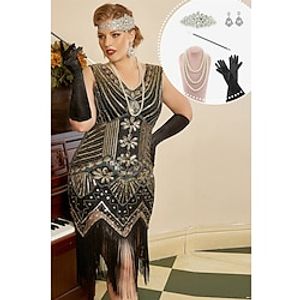 Retro Vintage Roaring 20s 1920s Flapper Dress Dress Outfits Flapper Headband Christmas Party Dress The Great Gatsby Women's Sequins Tassel Fringe Cosplay Costume Plus Size Christmas Halloween Party miniinthebox