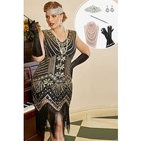 Retro Vintage Roaring 20s 1920s Flapper Dress Dress Outfits Flapper Headband Christmas Party Dress The Great Gatsby Women's Sequins Tassel Fringe Cosplay Costume Plus Size Christmas Halloween Party miniinthebox - thumbnail