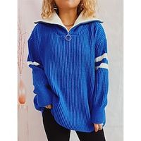 Women's Pullover Sweater Jumper Shirt Collar Ribbed Knit Polyester Patchwork Zipper Fall Winter Regular Outdoor Daily Going out Stylish Casual Soft Long Sleeve Color Block Black White Blue S M L miniinthebox - thumbnail