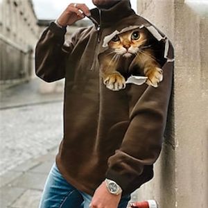 Men's Zip Up Sweatshirt Pullover Brown Half Zip Animal Cat Graphic Prints Zipper Print Daily Sports 3D Print Basic Designer Casual Spring   Fall Clothing Apparel Hoodies Sweatshirts  Lightinthebox