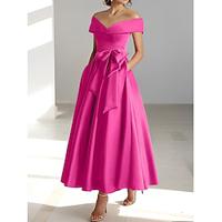 A-Line Cocktail Dresses Elegant Dress Wedding Guest Kentucky Derby Tea Length Short Sleeve Off Shoulder Pocket Satin with Bow(s) 2024 Lightinthebox