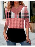 Women's Twist Spliced Plaid Print V-Neck Button-Down Long Sleeve T-Shirt Top