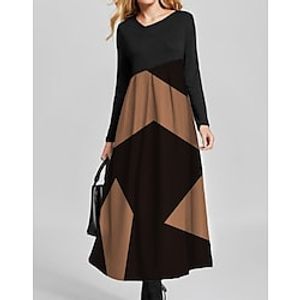 Women's Swing Dress Long Dress Maxi Dress caramel Long Sleeve Geometric Ruched Patchwork Winter Fall V Neck Stylish Modern Fall Dress 2022 S M L XL XXL 3XL / Winter Dress miniinthebox