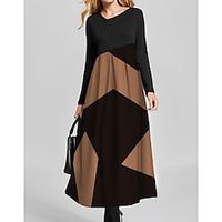 Women's Swing Dress Long Dress Maxi Dress caramel Long Sleeve Geometric Ruched Patchwork Winter Fall V Neck Stylish Modern Fall Dress 2022 S M L XL XXL 3XL / Winter Dress miniinthebox - thumbnail