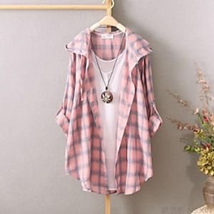 Women's Plus Size Tops Blouse Shirt Plaid Asymmetric Long Sleeve Hooded Casual Daily Vacation Polyester Fall Winter Pink Yellow Lightinthebox