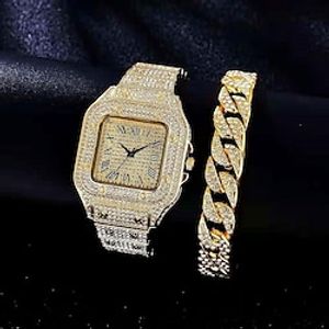 Men's Quartz Watch with Chain Bracelets Set Luxury Diamond Square Watch Stainless Steel Band Gift Watch miniinthebox