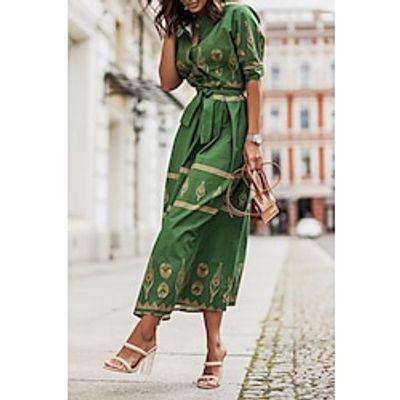 Women's Casual Dress Swing Dress A Line Dress Floral Geometric Lace up Print Shirt Collar Midi Dress Fashion Streetwear Outdoor Street 34 Length Sleeve Regular Fit Black White Green Summer Spring S Lightinthebox