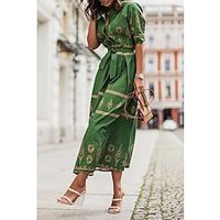 Women's Casual Dress Swing Dress A Line Dress Floral Geometric Lace up Print Shirt Collar Midi Dress Fashion Streetwear Outdoor Street 34 Length Sleeve Regular Fit Black White Green Summer Spring S Lightinthebox - thumbnail