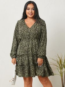 YOINS Plus Size V-neck Leopard Long Sleeves Mini Dress