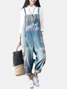 Loose Print Strap Pocket Denim Jumpsuit