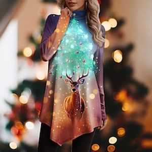 Christmas Shirt Women's T shirt Tee Christmas Tree Reindeer Blue Asymmetrical Print Long Sleeve Christmas Weekend Festival  Holiday High Neck Regular Fit Spring   Fall Lightinthebox