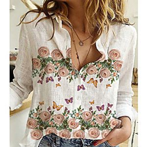 Women's Floral Theme Butterfly Blouse Shirt Floral Butterfly Long Sleeve Button Print Shirt Collar Casual Streetwear Tops White miniinthebox
