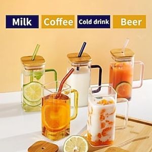 13.5oz Small Cute Glass Cups with Bamboo Lids, Colored Handles and Reusable Glass Straws - Perfect for Outdoor Picnic Camping Beach Soda, Iced Coffee, Milk, Bubble Tea, Water and Juice! miniinthebox