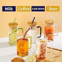 13.5oz Small Cute Glass Cups with Bamboo Lids, Colored Handles and Reusable Glass Straws - Perfect for Outdoor Picnic Camping Beach Soda, Iced Coffee, Milk, Bubble Tea, Water and Juice! miniinthebox - thumbnail