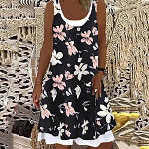 Women's Strap Dress Knee Length Dress Blue Black Sleeveless Floral Patchwork Print Summer Round Neck Casual 2021 S M L XL XXL 3XL miniinthebox