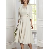 Two Piece A-Line Mother of the Bride Dress Party Elegant Scoop Neck Tea Length Lace Stretch Chiffon 34 Length Sleeve with Pleats Crystals 2023 Lightinthebox