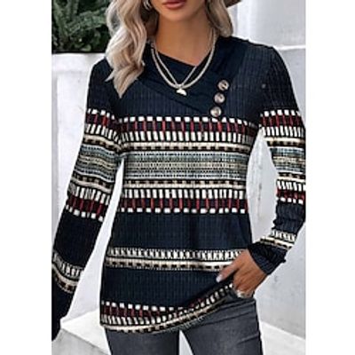 Women's T shirt Tee Tribal Black Button Print Long Sleeve Daily Weekend Ethnic V Neck Regular Fit Spring   Fall Lightinthebox
