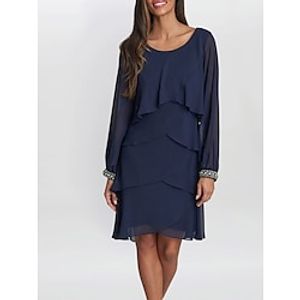 A-Line Mother of the Bride Dress Wedding Guest Elegant Petite Jewel Neck Short  Mini Chiffon Long Sleeve with Crystals Ruffles Tier 2023 Lightinthebox