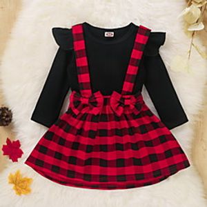 Toddler Little Girls' Dress Plaid Strap Dress Casual Daily Bow Red Cotton Above Knee Long Sleeve Princess Cute Dresses Fall Regular Fit 1-4 Years Lightinthebox