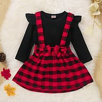 Toddler Little Girls' Dress Plaid Strap Dress Casual Daily Bow Red Cotton Above Knee Long Sleeve Princess Cute Dresses Fall Regular Fit 1-4 Years Lightinthebox - thumbnail