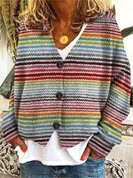 Women's Retro Colorful Striped Print V-Neck Long Sleeve Knitted Cardigan