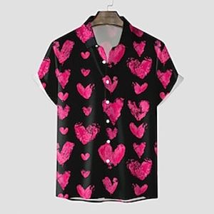 Heart Casual Men's Shirt Button Up Shirt Casual Shirt Daily Wear Date Vacation Spring  Summer Lapel Short Sleeves Black, Pink, Red S, M, L Polyester Shirt Valentine's Day Lightinthebox