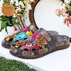 Women's Sandals Slippers Clogs Retro Plus Size Hand-painted Outdoor Daily Beach Buckle Flower Wedge Round Toe Bohemia Vacation Vintage Walking Premium Leather Loafer Blue Lightinthebox