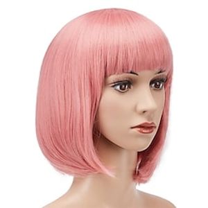 13 Inches Straight Heat Resistant Short Bob Hair Wigs with Flat Bangs for Women Cosplay Daily Party - Pink Lightinthebox